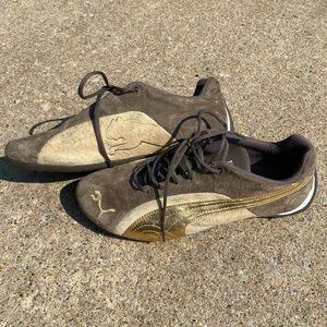 Brown, Cream & Gold Suede Puma Sneakers 6.5